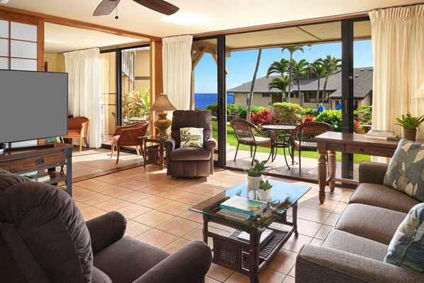 TV, DVD player, streaming services - Ocean Front 3 BR, 1 level Condo .   Pool, SPA , huge Lanai .   Pickle Ball (Koloa)