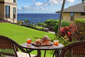 Outdoor dining - Ocean Front 3 BR, 1 level Condo .   Pool, SPA , huge Lanai .   Pickle Ball (Koloa)