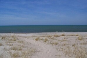 On the beach, sun loungers