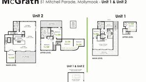 Floor plans for McGrath 51 Mitchell Parade, Mollymook - Unit 1 & Unit 2, including main level, upper level, and shared double garage. - Surfers Reef Escape in Mollymook (Mollymook Beach)