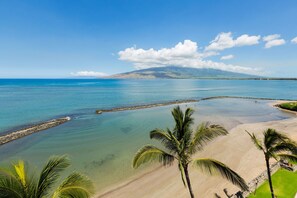 A beach with clear water, palm trees, and a distant mountain.
