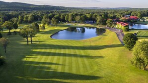 An aerial view of a golf course with a pond, surrounded by trees and buildings. - Boyne Mountain on Resort Condo, close to Lifts, Lodge, Waterpark, all amenities (Boyne Falls)