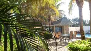 Un patio con piscina, mobiliario exterior y palmeras.
