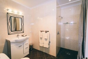 Ensemble baignoire-douche, séchoir à cheveux, serviettes fournies, savon