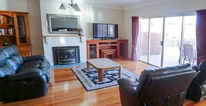 Smart TV, fireplace, books