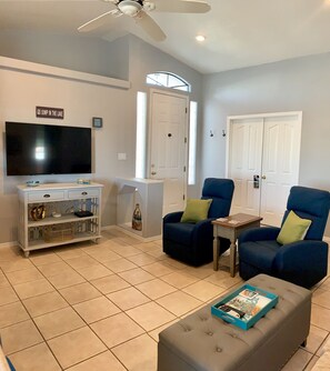 TV, fireplace, toys, books