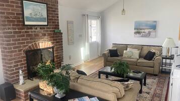 Smart TV, fireplace, DVD player, books