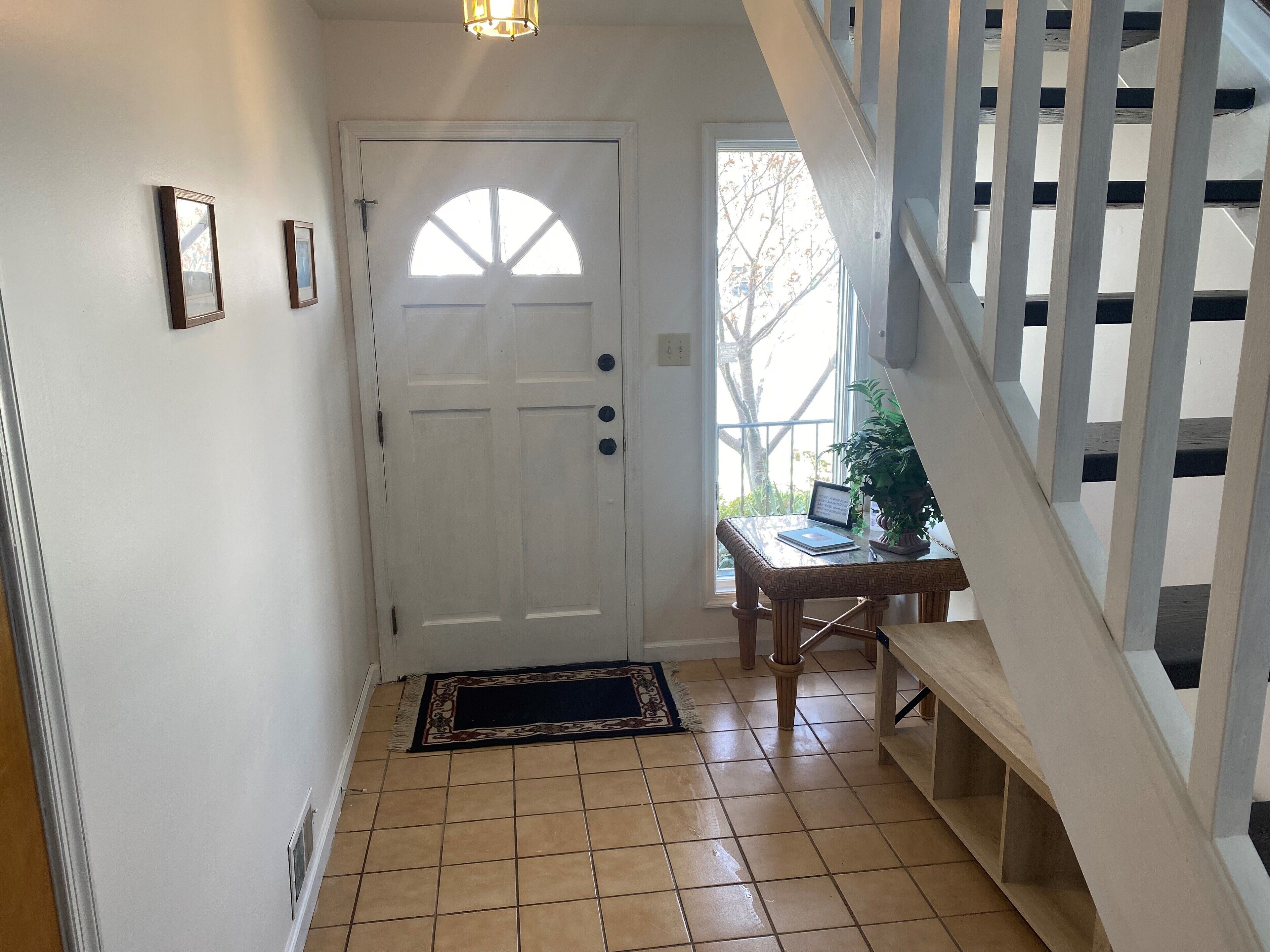A hallway with a white door, a small table with a laptop, and a potted plant.