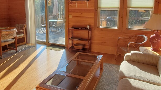 Ein gemütliches Holzhaus-Interieur mit einem Glastisch, einer Couch, einem an der Wand montierten Fernseher und einer Glasschiebetür, die auf eine Terrassenausläge führt.