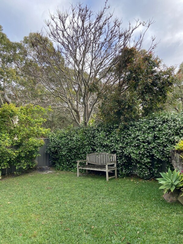 A grassy garden with a wooden bench, a large tree, and dense shrubbery. - Tree & Sea - Stylish house, gorgeous bush views & short walk to beach (Callala Beach)