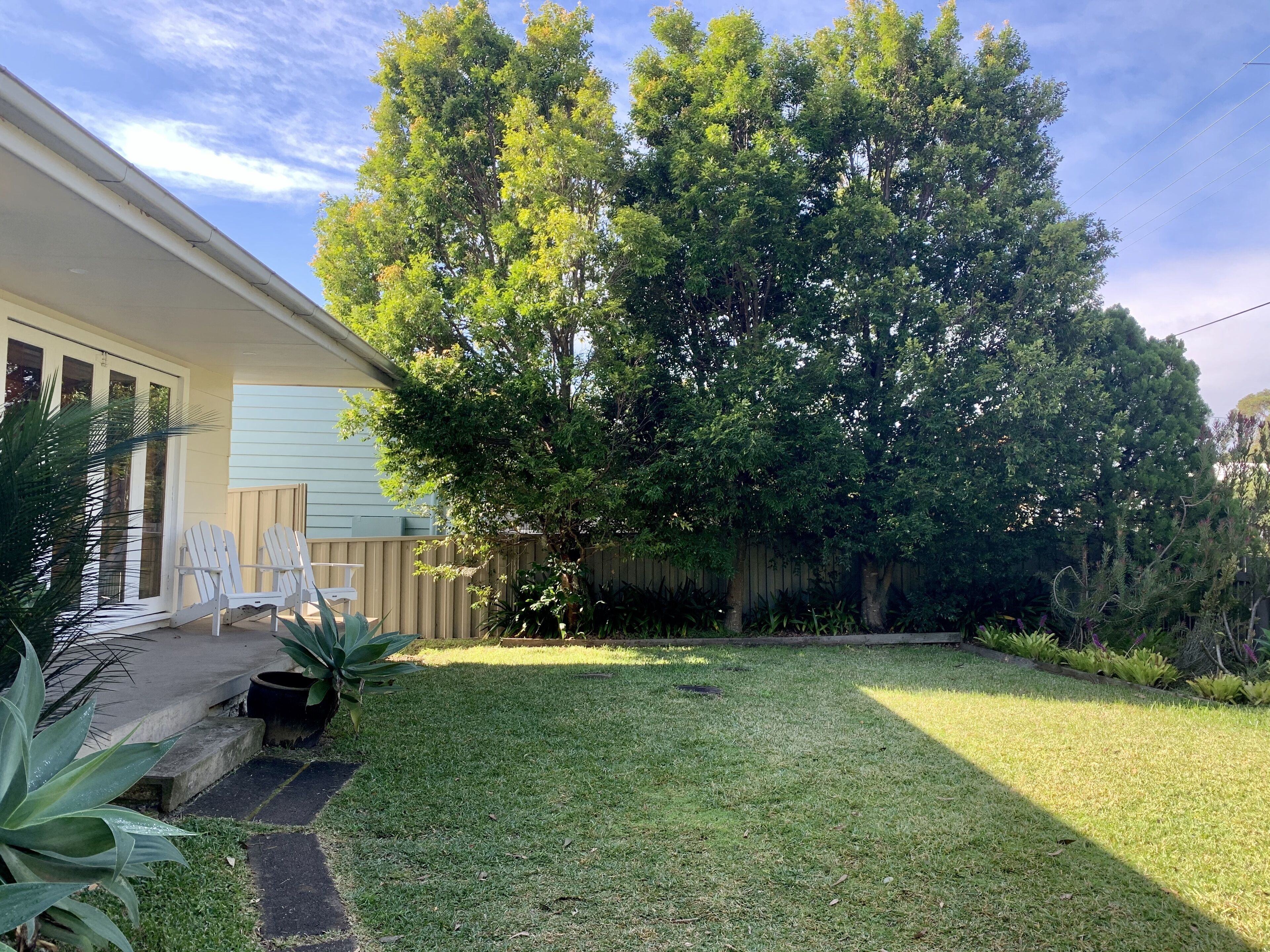 A residential backyard with a lawn, two white chairs, a large tree, and a wooden fence.