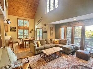 Smart TV, fireplace, books, stereo