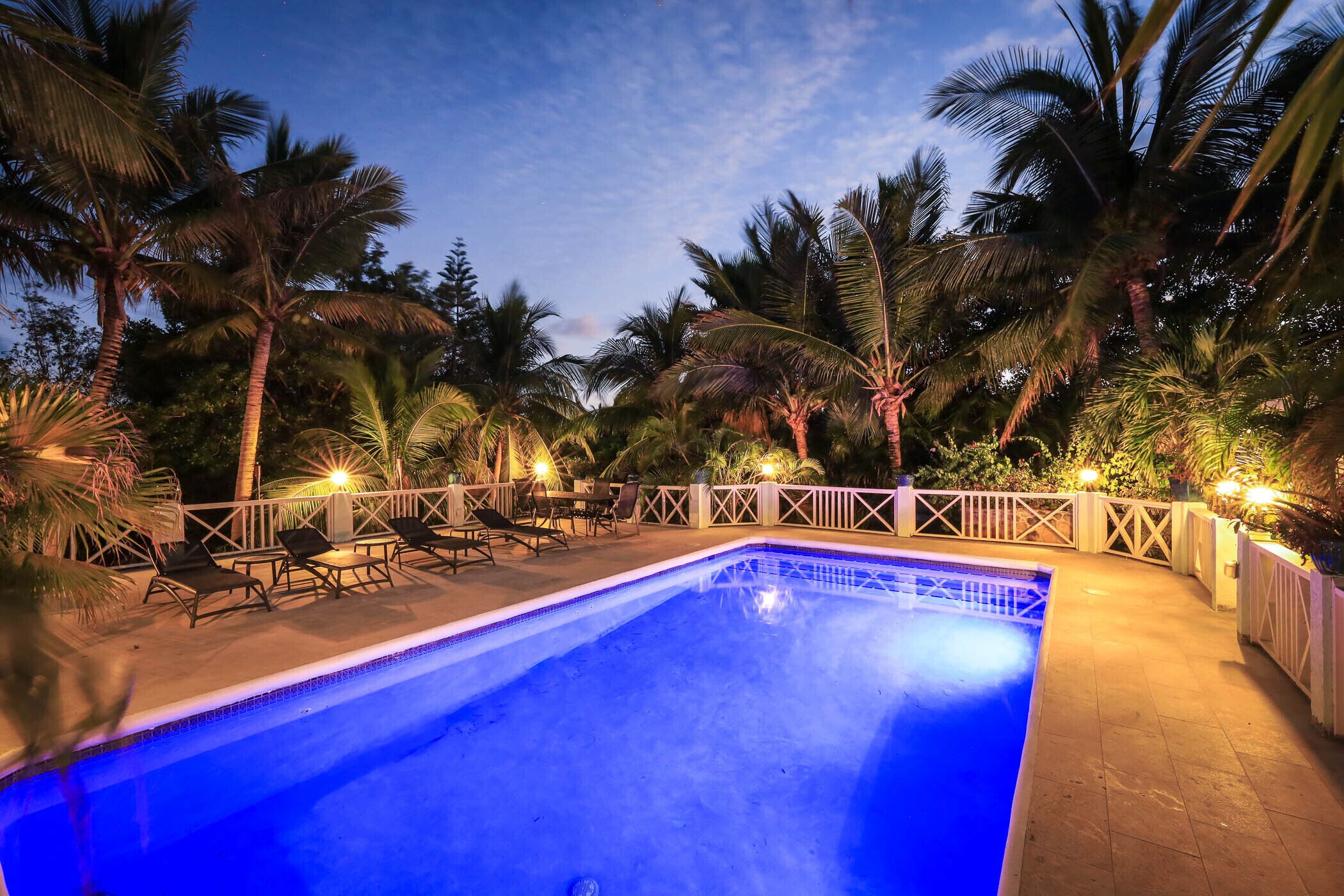 Une piscine entourée d’une clôture blanche, avec des palmiers en arrière-plan.