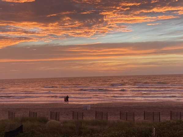 On the beach, sun-loungers, beach umbrellas, beach towels