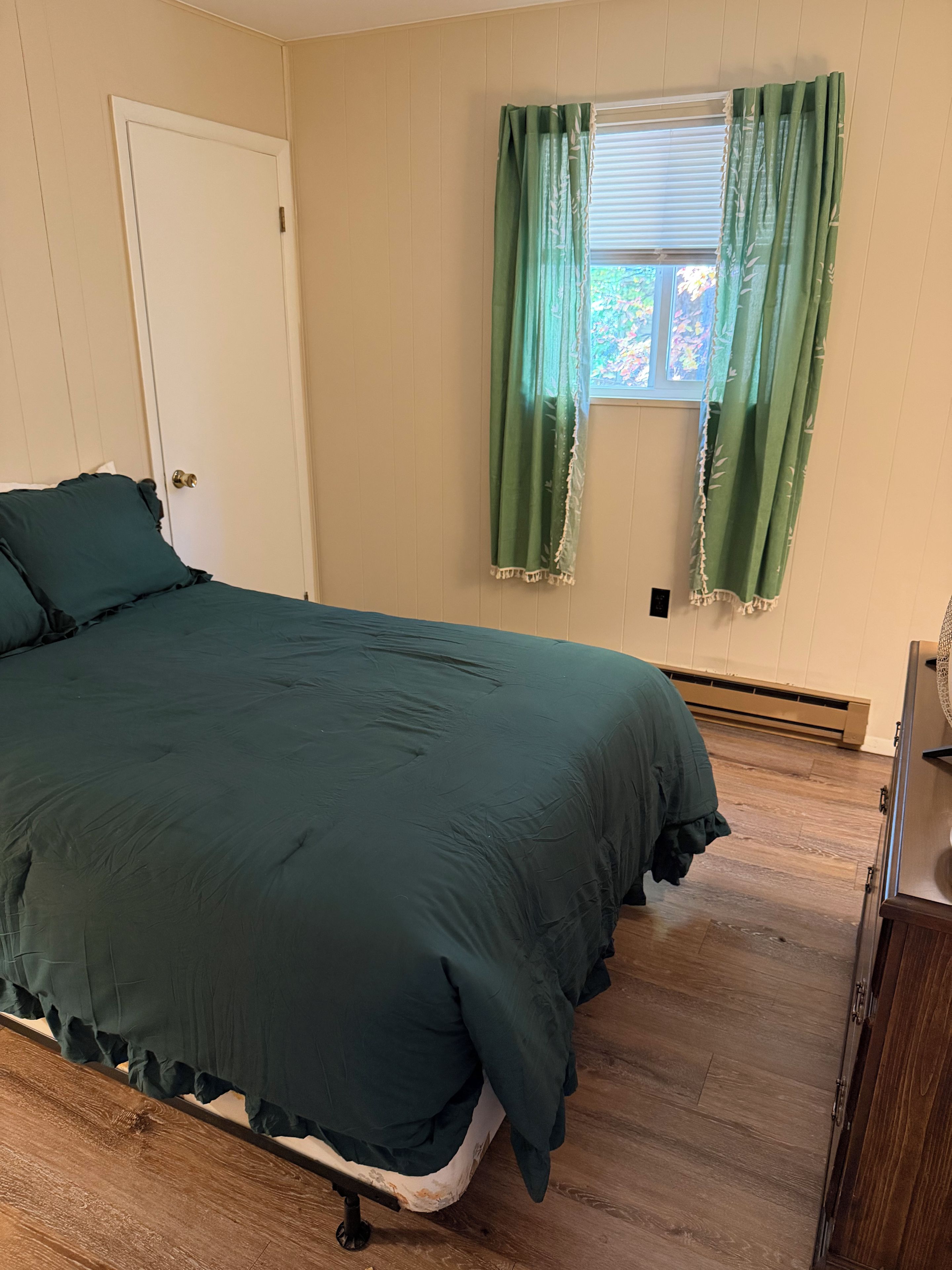 A bedroom with a bed, a door, a window with curtains, and a radiator.