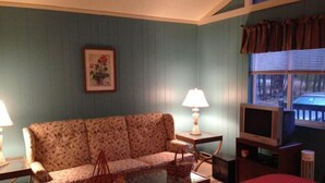 A living room with a floral sofa, a television, and a window with blinds.
