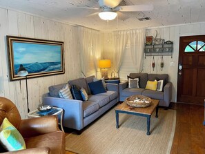 Smart TV, fireplace, DVD player, books