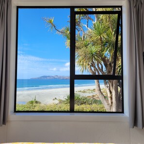 Une fenêtre offrant une vue dégagée sur une plage, l’océan et des palmiers.