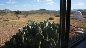 A desert landscape with a cactus in the foreground and a dome-shaped structure in the background.