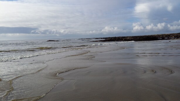Une plage avec du sable humide et de douces vagues.