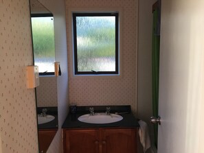 Suihkun ja ammeen yhdistelmä, saippua, vessapaperi