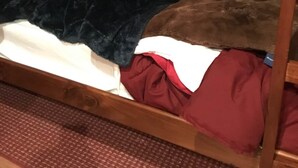 A bunk bed with a wooden frame, a dark blanket, and a red pillow. - Cabin 7 (Garden City)