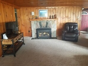 Smart TV, fireplace, books