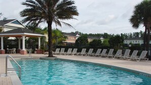 Ein Swimmingpool mit Liegestühlen und einer Palme.