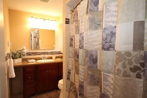 Bañera con ducha, secador de pelo, toallas, jabón