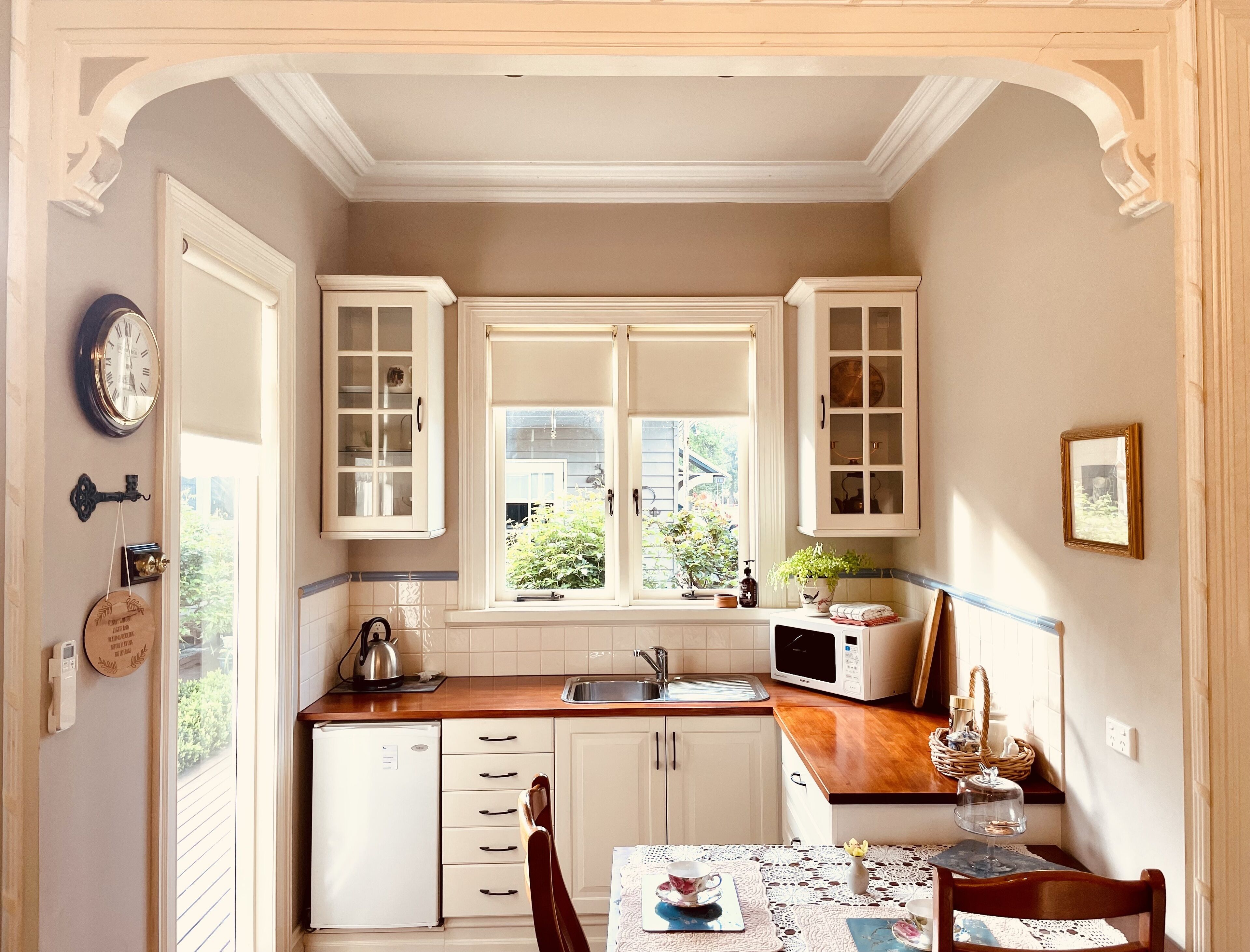 Fridge, microwave, electric kettle, toaster