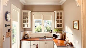 Fridge, microwave, electric kettle, toaster