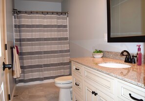 Combined shower/tub, hair dryer, towels, soap