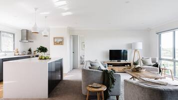 Smart TV, fireplace, DVD player, ping pong