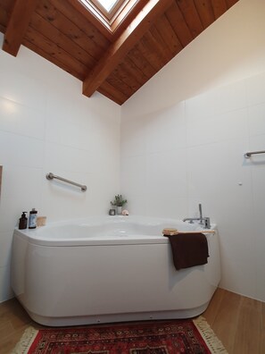 Combined shower/tub, hair dryer, towels, soap