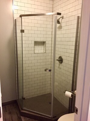 Ensemble douche/baignoire, serviettes fournies, savon, shampoing