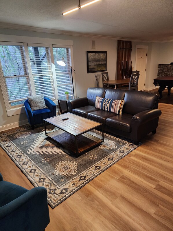 Smart TV, fireplace, video games, DVD player