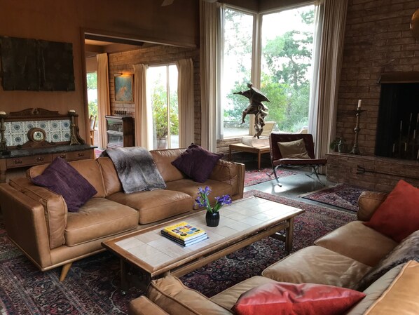 TV, fireplace, books, stereo