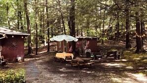 Una cabaña rústica con una mesa y sillas de picnic, rodeada de árboles y un sendero de piedra.
