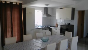 Fridge, stovetop, dishwasher, coffee/tea maker