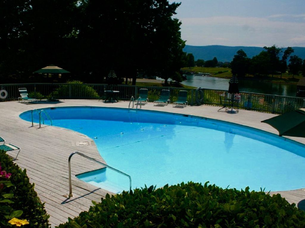 A swimming pool with a wooden deck, surrounded by greenery and a view of a lake and mountains.