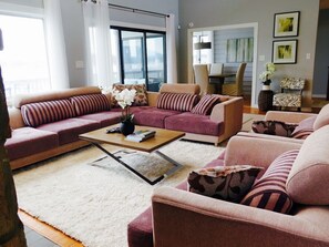 Smart TV, fireplace, table football, books