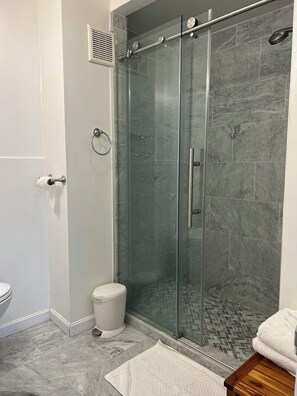 Dusche, Haartrockner, Handtücher, Shampoo