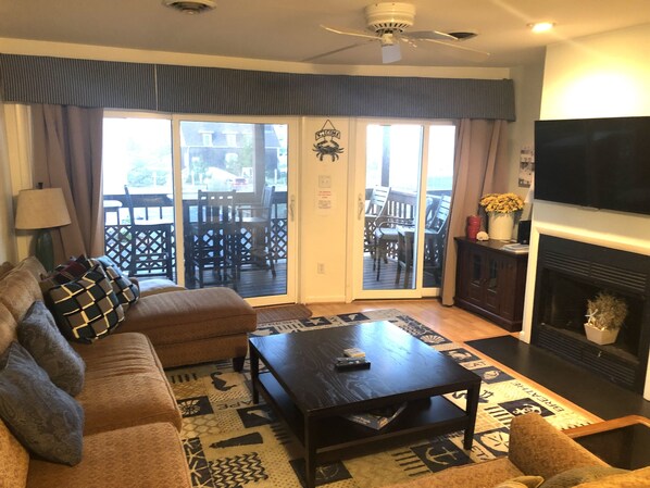 Smart TV, fireplace, DVD player, books