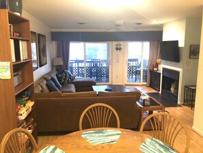 Smart TV, fireplace, DVD player, books