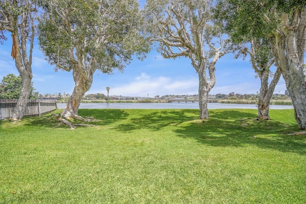 Enjoy a backyard on Buena Vista Lagoon with lush grass, peaceful duck sightings, and the charm of distant train views.