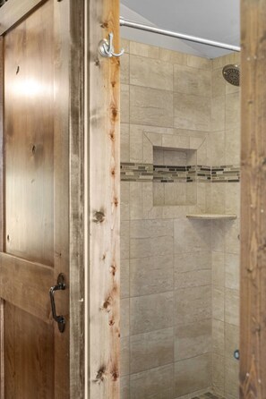 Combined shower/tub, hair dryer, towels, toilet paper - Hideaway Chalet-Cozy, Comfortable, and Quite!  On Canal with Large Outdoor space (Cadillac)
