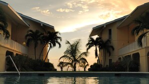 A pool area with palm trees and a sunset in the background.