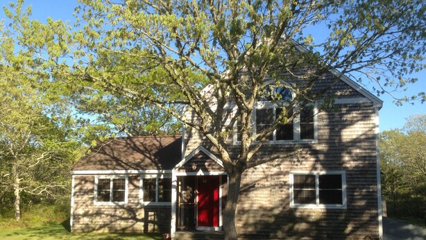 Ein zweigeschossiges Haus mit roter Tür und einem großen Baum davor.