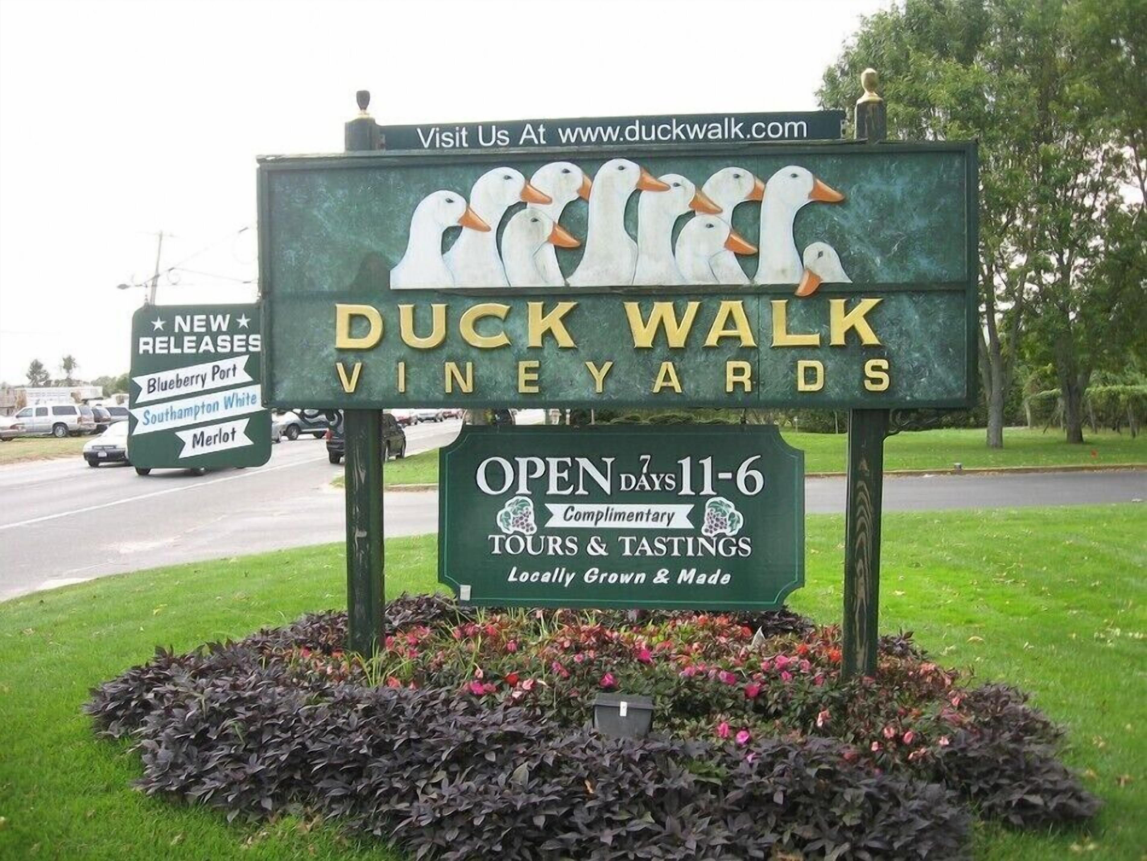 Une pancarte indiquant les visites et les dégustations proposées par Duck Walk Vineyards, ouvert de 11h à 18h, et présentant de nouveaux produits, tels que le porto aux myrtilles, le vin blanc de Southampton et le merlot.