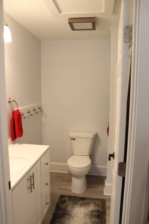 Combined shower/bathtub, towels